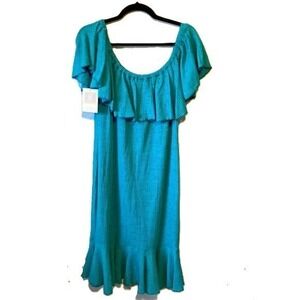 LuLaRoe Cici Flounce Dress 2XL 22/24 Turquoise Waffle Knit Ruffle Off Shoulder
